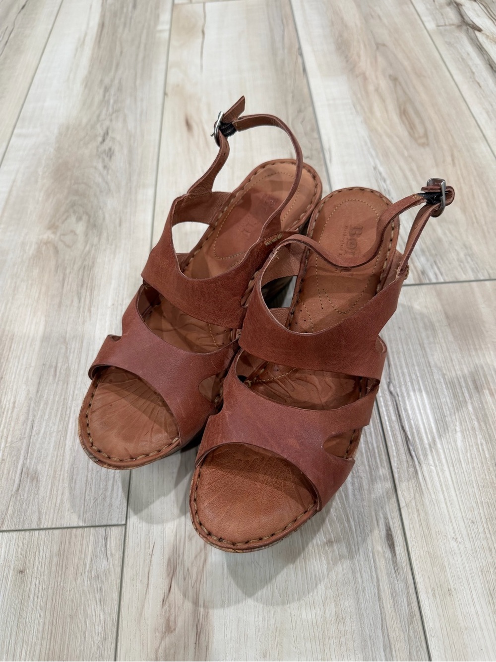 Born Brown Leather Strappy Wedge Sandals